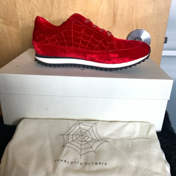 Charlotte Olympia Red Velvet Work It Trainers Sneakers - Picture 2 of 9